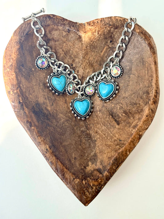 Heart Turquoise Stone Charm & Rhinestone Bracelet