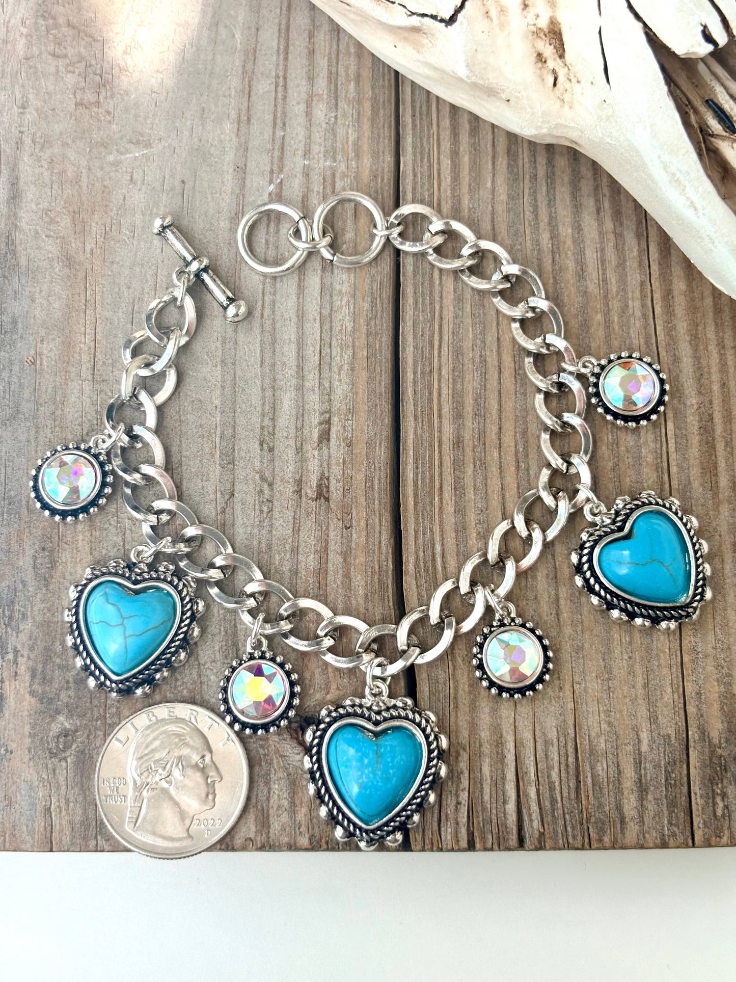 Heart Turquoise Stone Charm & Rhinestone Bracelet