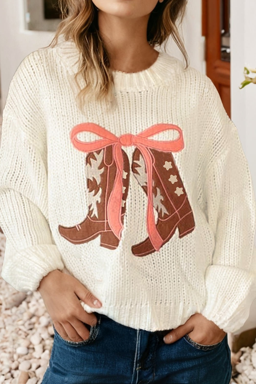 Embroidered Bow Boots Sweater