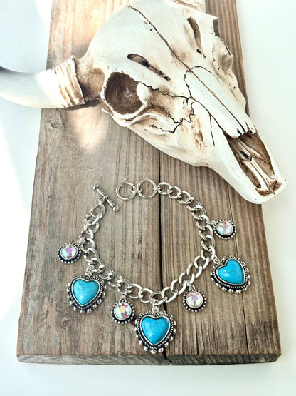 Heart Turquoise Stone Charm & Rhinestone Bracelet