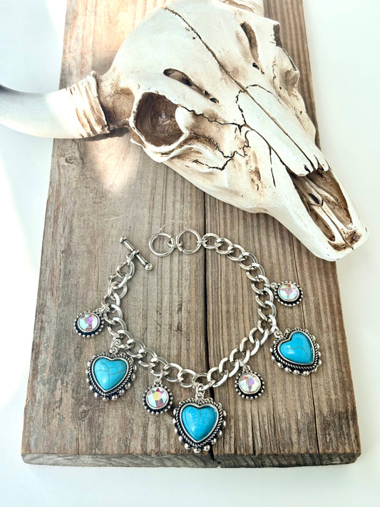 Heart Turquoise Stone Charm & Rhinestone Bracelet